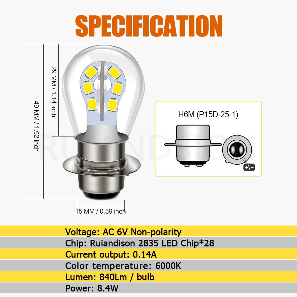 Ruiandsion H6M P15D LED Motorcycle Light Bulb, White AC/DC 6V 2835 28SMD P15D-25-1 High/Low