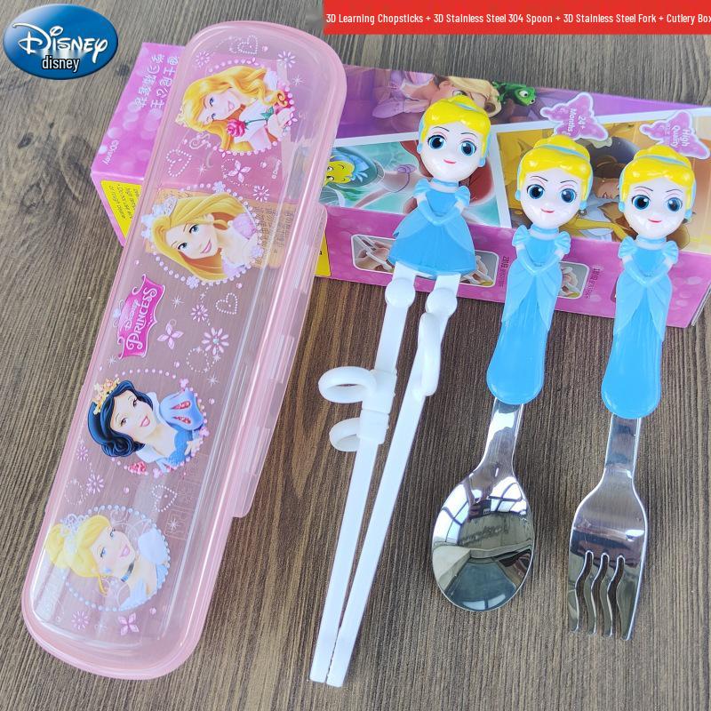 Disney 3D Cartoon Children's Stainless Steel Cutlery Set: Fork, Spoon, and Training Chopsticks