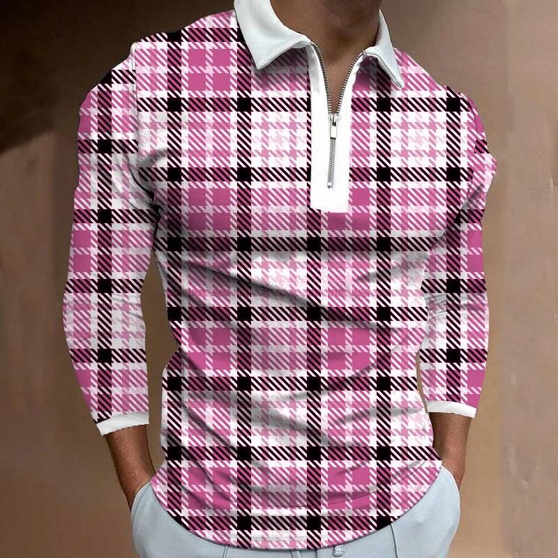Men Clothes Long Sleeve Zipper Polo Shirt Men Casual Geometric Pattern Print Men Tops Polo Shirt 100% Polyester