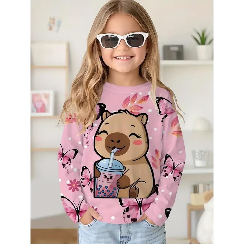 Cartoon Animal Capybala T-Shirt Autumn O-Neck Long Sleeve Fashion Girl Clothes Comfortable Casual Sports Outerwear Home Wear T-Shirt