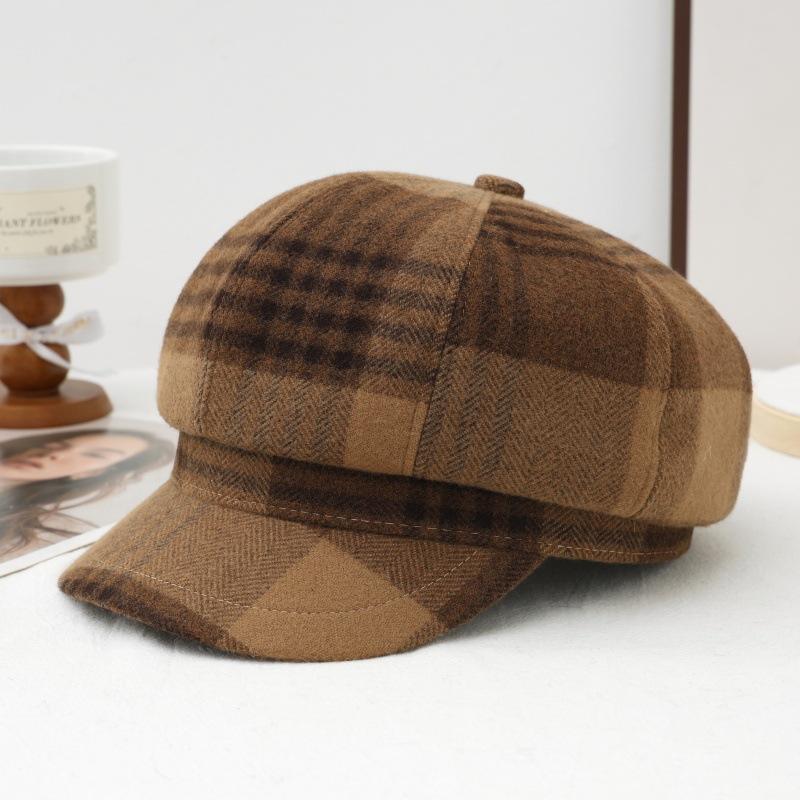 New women's autumn and winter British style retro plaid octagonal hat casual versatile painter hat windproof warm newsboy hat