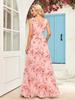 European & American Women’s Chiffon A-Line Evening Dress with Double V-Neck, Sleeveless Design, Slit, and Elastic Waist.