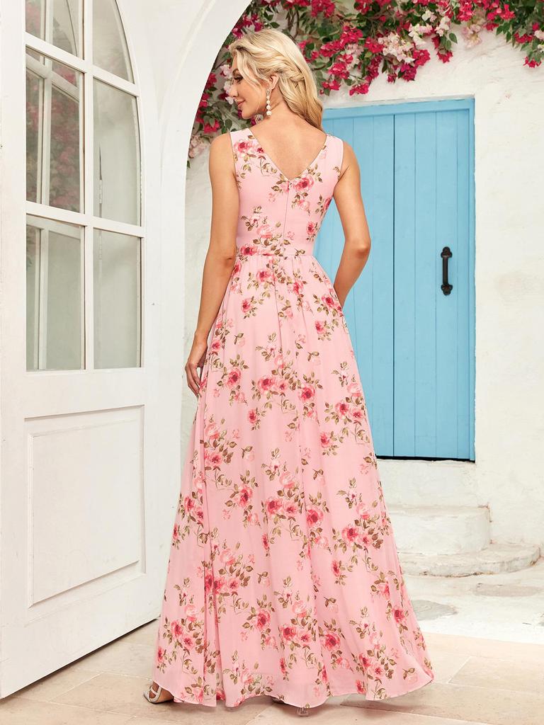 European & American Women’s Chiffon A-Line Evening Dress with Double V-Neck, Sleeveless Design, Slit, and Elastic Waist.