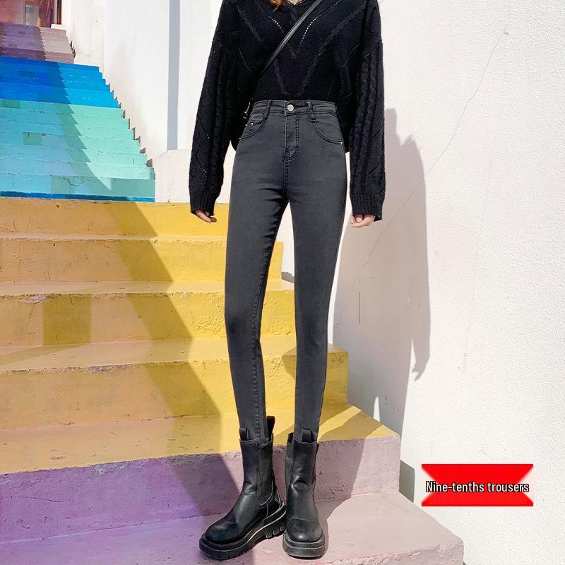 

High-Waisted Plus-Size Slim Fit Light Denim Women s Pencil Pants - 2021 Spring/Autumn Collection 32 серый