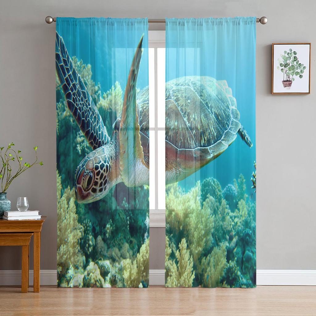 Blue Ocean Green Turtle Tulle Curtains For Living Room Bedroom Decoration Sheer Voile Window Curtains Party Drapes Panels