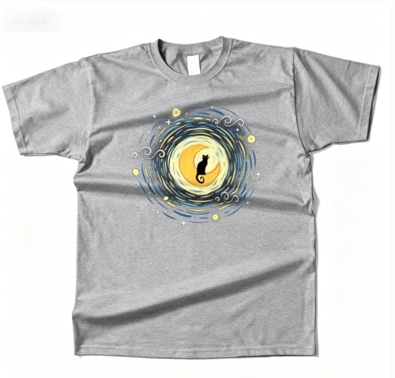 Unisexs Cotton Starry Moon Cat Graphic High Quality T Shirt Street Casual Style Tee for Unisex and WoUnisex Moisture Wicking Breathable