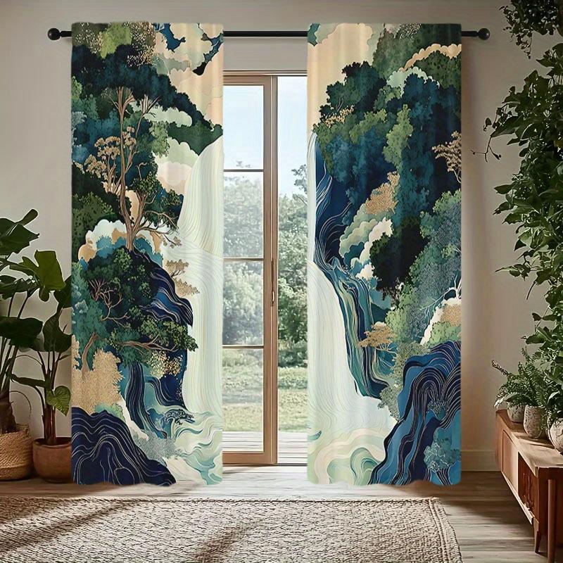 2PCS East Asian Landscape Sheer Curtains – Green Mountain Tree Print   Rod Pocket Polyester for Living Room Bedroom Dining