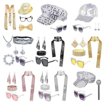 70s Disco Fancy Dress Set Bling Hat Bling Sunglasses Long Scarf Earring, and 70s Disco Accessories