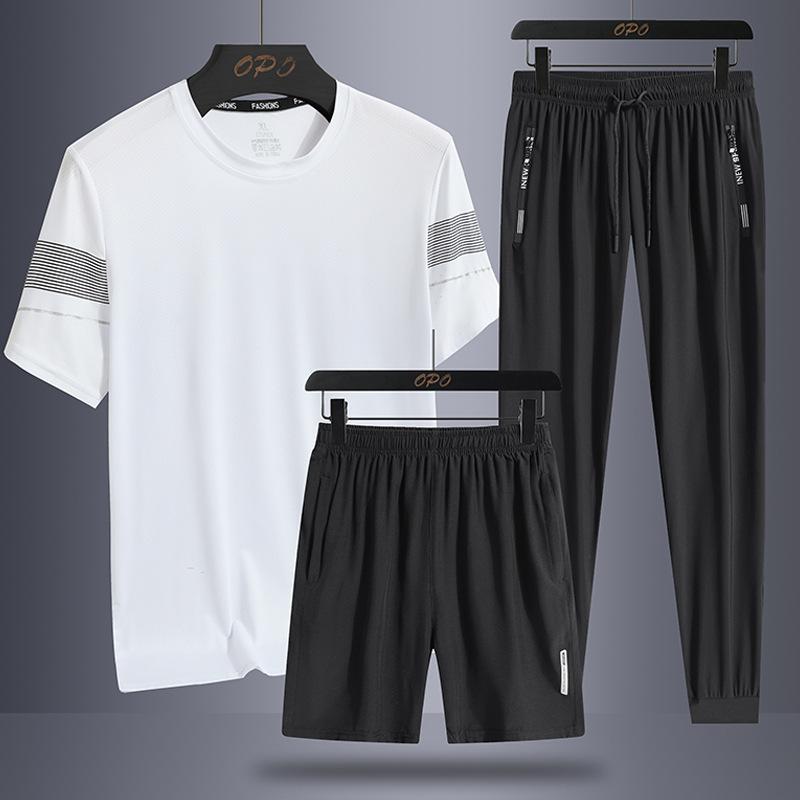 Short Sleeved Three Piece Set for Men's Breathable Mesh Cooling Casual Sports Suit for Men