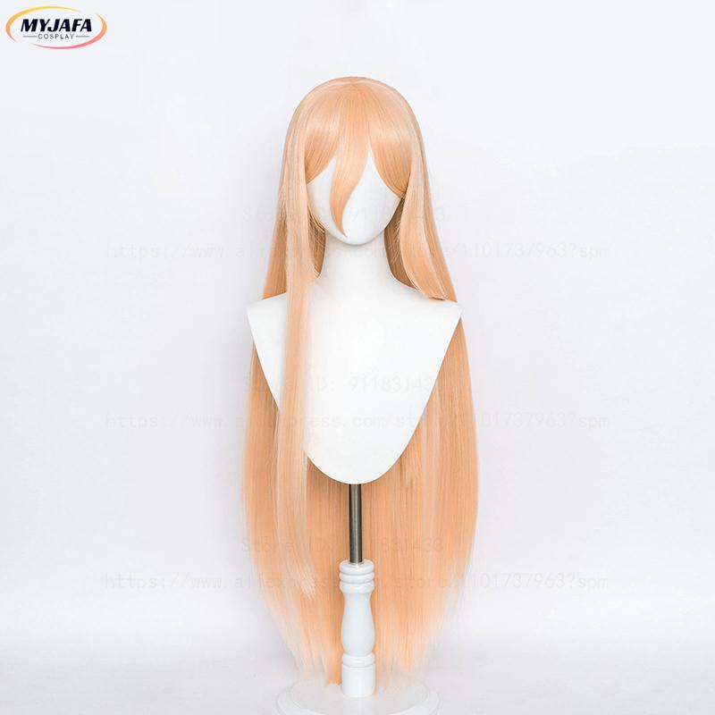Perruque Cosplay Makima Power Anime Haute Qualité Longue Orange Rose Cheveux Synthétiques Résistants à la Chaleur Perruques pour Fête Jeu de Rôle + Bonnet de Perruque + Cornes One Size beige