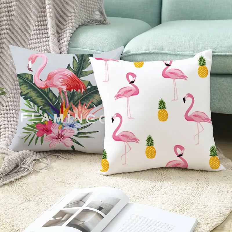 Housse de Coussin Décorative Flamant Rose Plantes Tropicales d'Été Feuilles Vertes Housse de Coussin à Jeter Housse de Coussin Flamant Rose