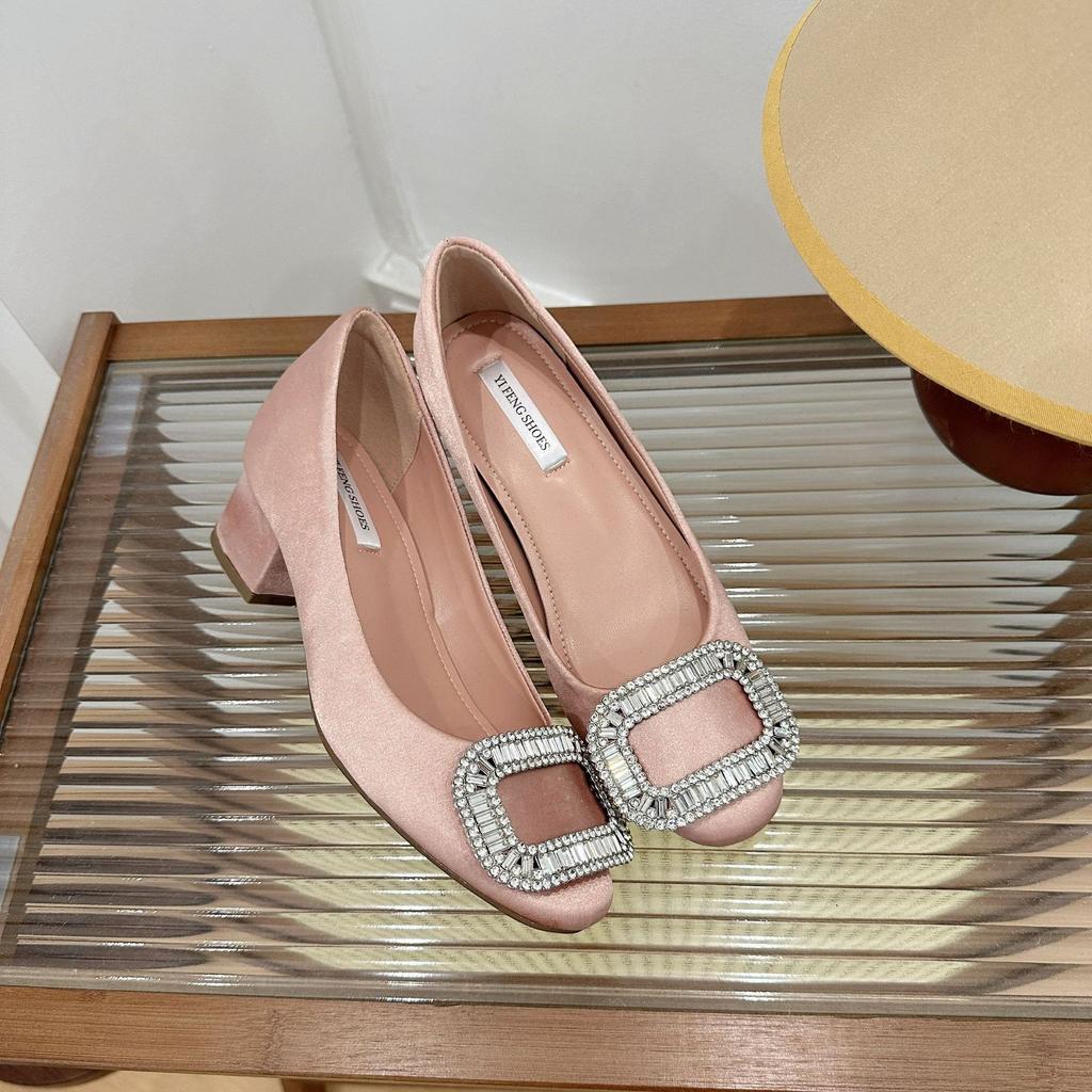 Schafsleder-Version~ innen höhenverstärkende Strasssteine flacher Ausschnitt Leder dicke hohe Absätze Damen Bankett eckige Zehenpartie Einzelne Schuhe