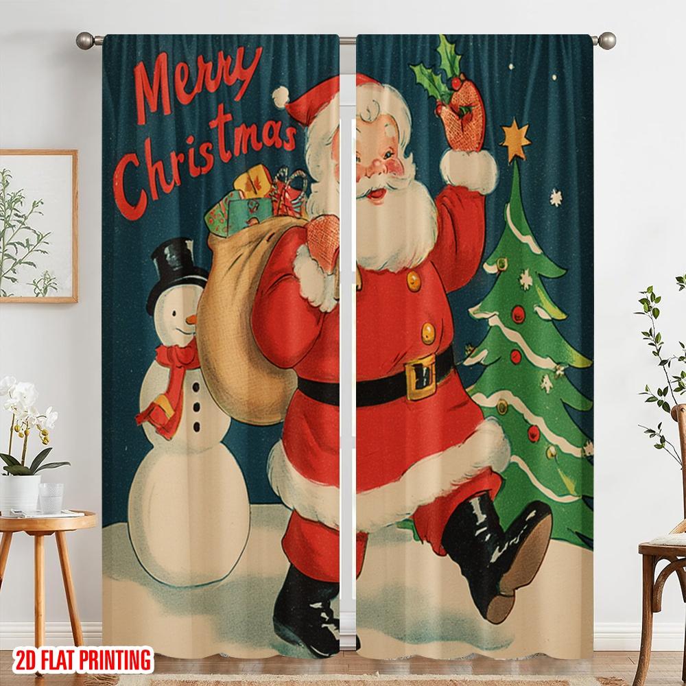 2pcs,2D Plane Printing Curtain Popular Vintage Santa Claus with Snowman & Tree Versatile 100% Polyester (without Rod)