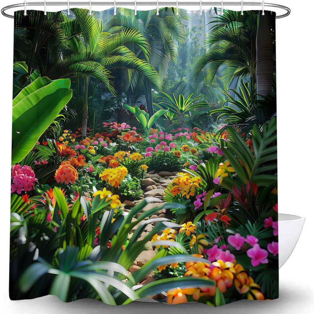 Boho Floral Shower Curtain, Hawaii Tropical Leaves Flower Bath Curtain Botanical Nature Summer Bathroom Decor Curtain with Hooks