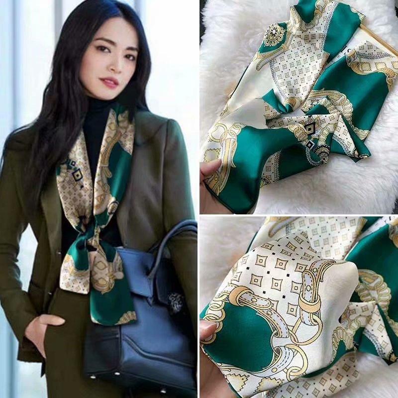 Luxury Silk Long Scarf Women Bag Handle Ribbon Ladies Plaid Print Headband Small Hair Scarves Band Female Handkerchief