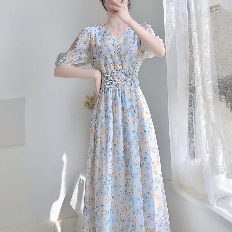 V-Neck Chiffon Floral Dress: Long/Short Sleeve, Fairy Forest Style XL 60-67.5kg