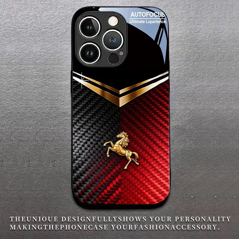 Goldenes Pferd Schwarz und Rot Glas Handyhülle Geeignet für iPhone 17 16 15 14 13 12 11 Pro/Max/Plus Sturzfest und Stoßfest