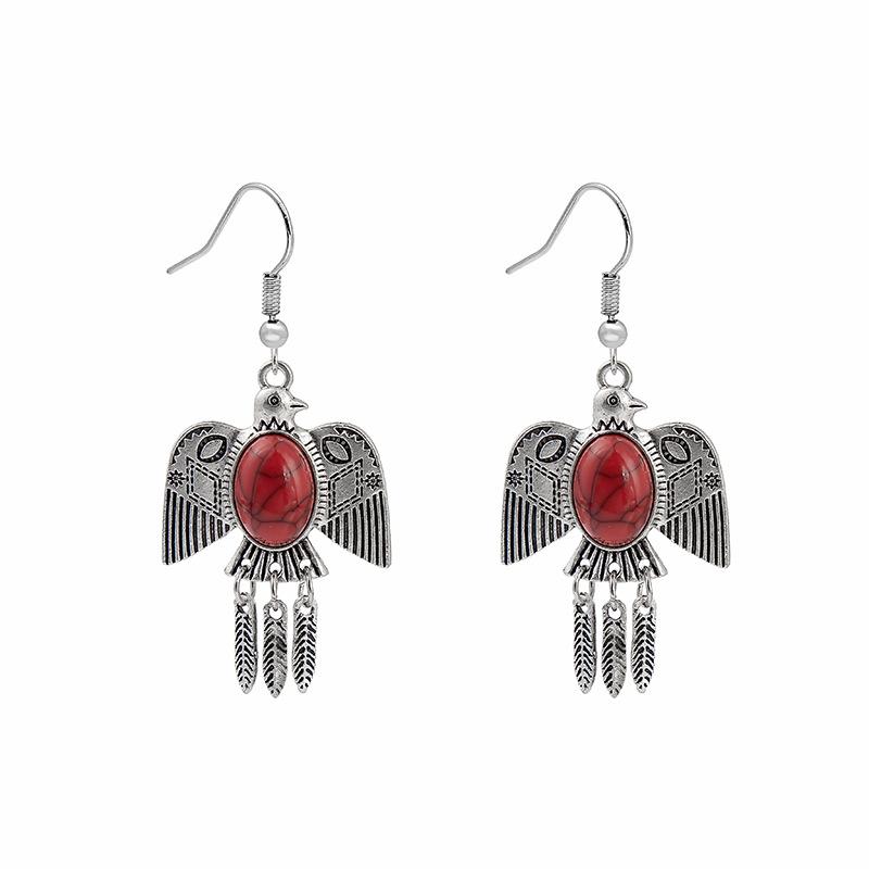 Turquoise Earrings, Bohemian Palm Owl Bronze Engraved Geometric Dream Catcher Feathers Fringed Earrings