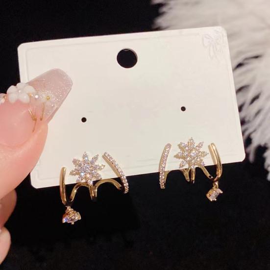 Yousheng 1 Pair Ear Studs Claw 3 Rows Elegant Temperament Golden Gift Hypoallergenic Bling Rhinestone Star Women Earrings Fashion Jewelry