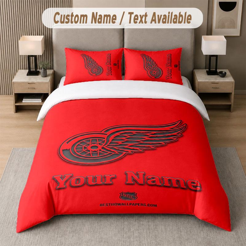 Custom Bedding Set Detroit Red Wings Pattern, Print Name Text 1 Duvet Cover Plus 2 Pillowcases Home Textile