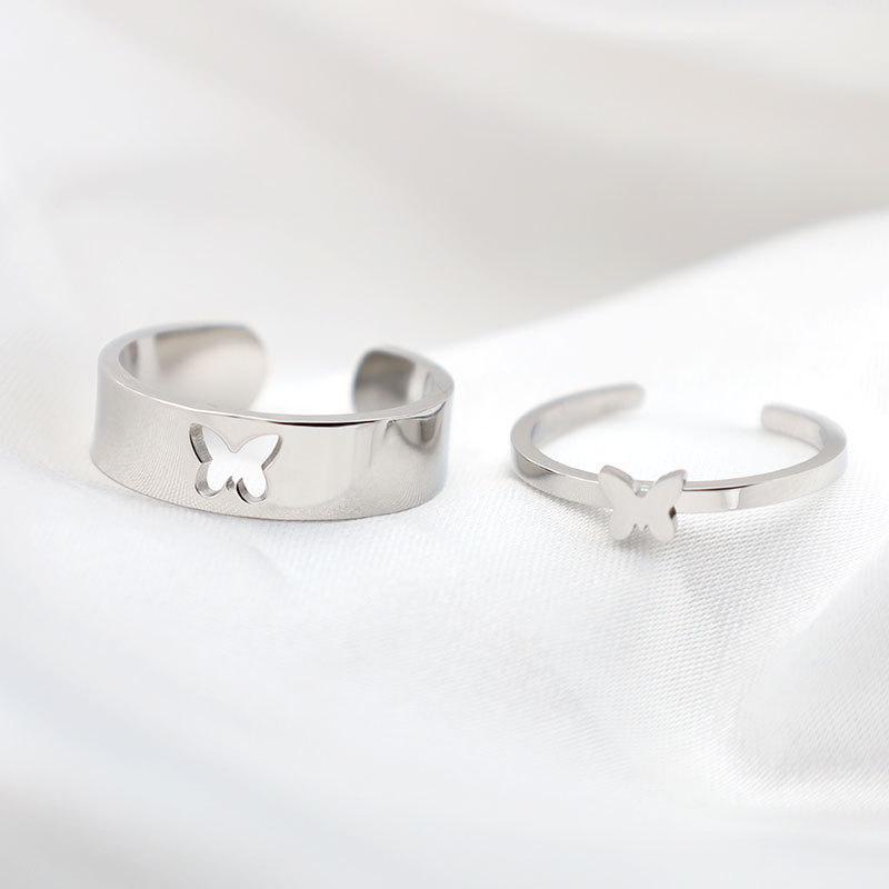 Jewelry Two-Piece Set Butterfly Open Ring Women'S Niche High-End Light Luxury Jewelry 18K Titanium Steel Ring Simple