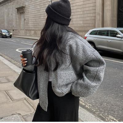 Frauen Bomber Jacken Herbst Solide Langarm Grau Jacke Stehen Kragen Mäntel Mit Taschen Weibliche Warme Streetwear