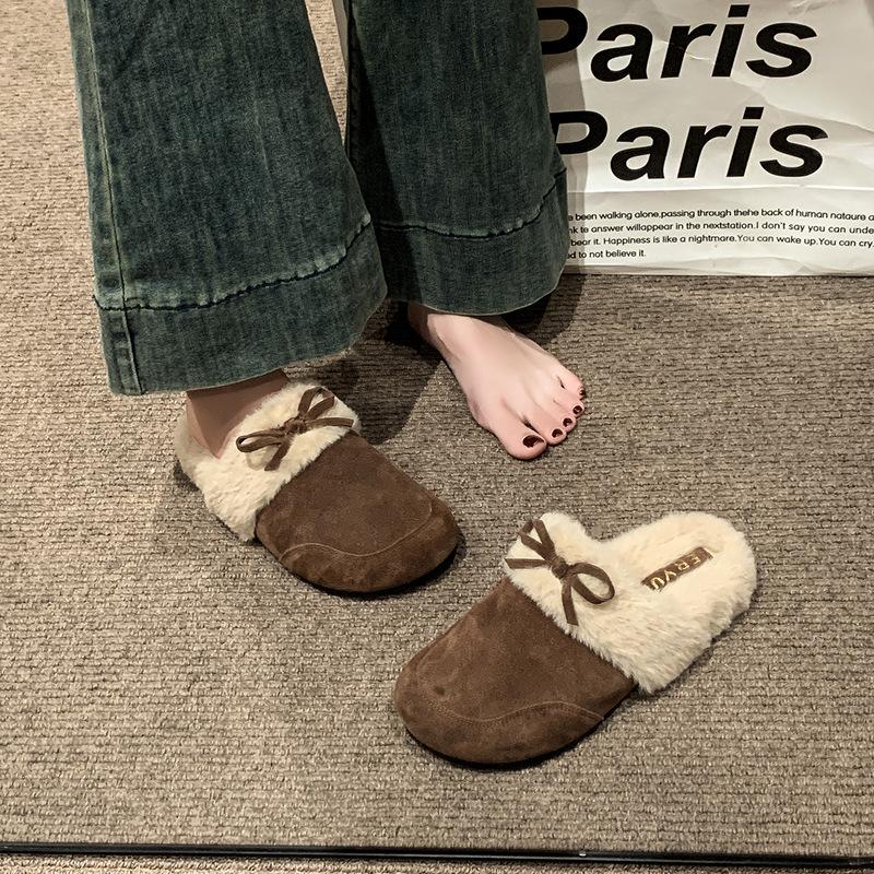 One-pedal bag head fluffy half slippers women's autumn and winter velvet outer wear 2025 new retro thermal cotton slippers