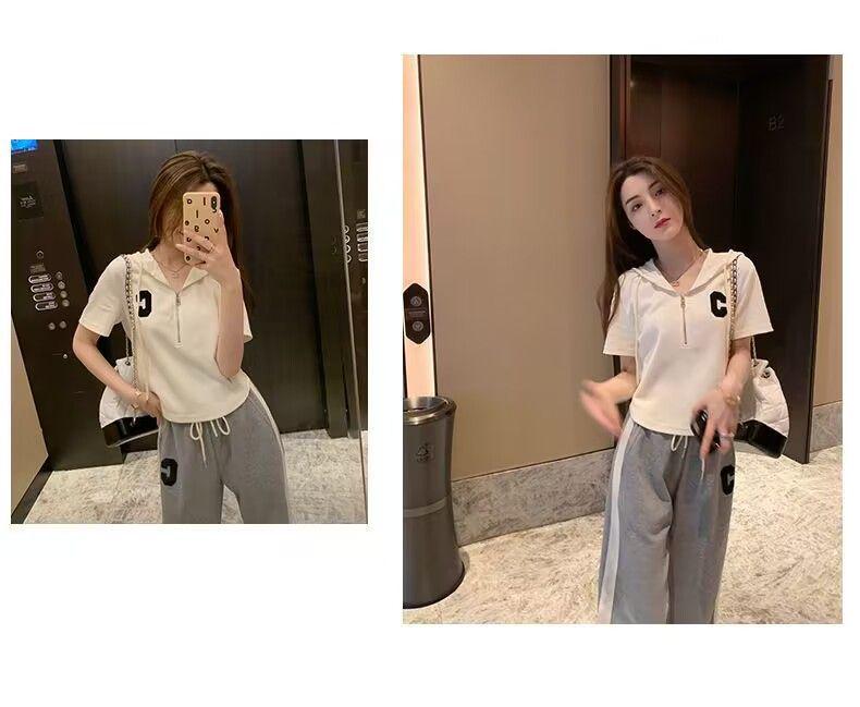 2025 Korean Style Women's Hooded T-Shirt & Wide-Leg Pants Set