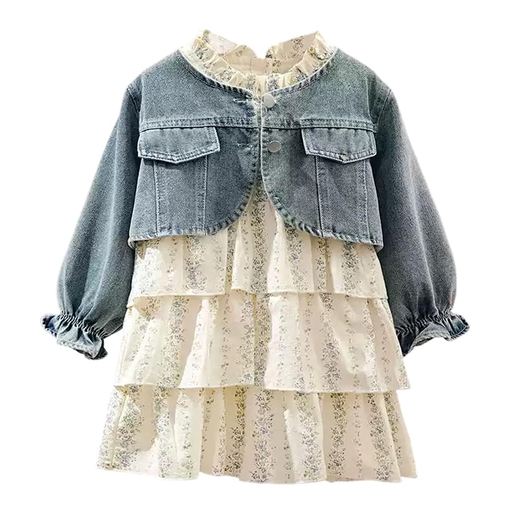 

SLINX Платье Деним Верхняя одежда Волан Идеально для весны и длинное Милое и Идеально для принцессы и школы QZ04 Набор для девочек из 2 предметов + Платье, Церемонии,