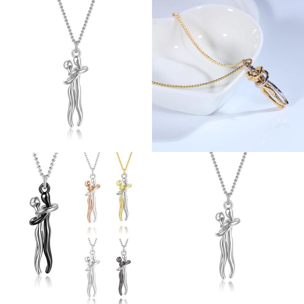Romantic Couple Embrace Necklace Geometric Design 925 Silver Pendant Necklace