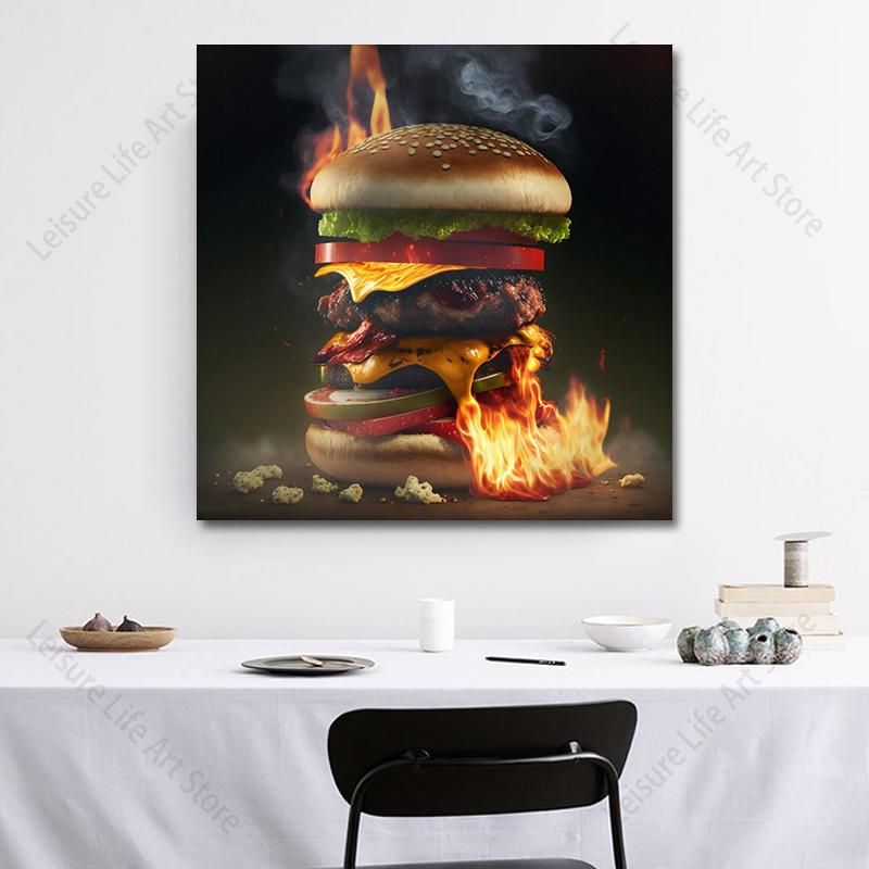 Modern Art Chicken Burger Canvas Painting Food Art Fast Food Hamburger Poster and Prints for Living Room Restaurant Wall Decor