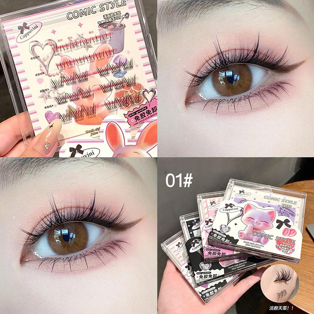 Comic-Stil, kleberfreie künstliche Wimpern, einzelnes Büschel, 5D, natürlicher Curling, selbstklebende künstliche Wimpern, obere und untere Wimpern