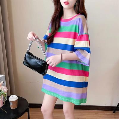Korean Color Stitching Stripe T-shirts Female Summer T Shirt Harajuku Graphic Casual Short Sleeve Y2k Tops for Women Streetwear