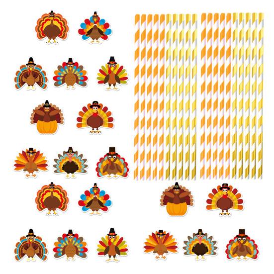 20 Pcs Thanksgiving Straw Easy Install Turkey Shaped Straw Insert Thanksgiving Drink Decorations for Fall Parties