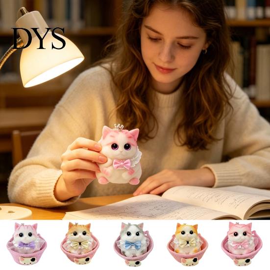 Cat Stress Relief Toy with Basket & Accessories, Slow Rebound Simulated Kitten Fake Squeeze Toy, Soft Stretchy Animal Fidget for Desk Decoration Toys