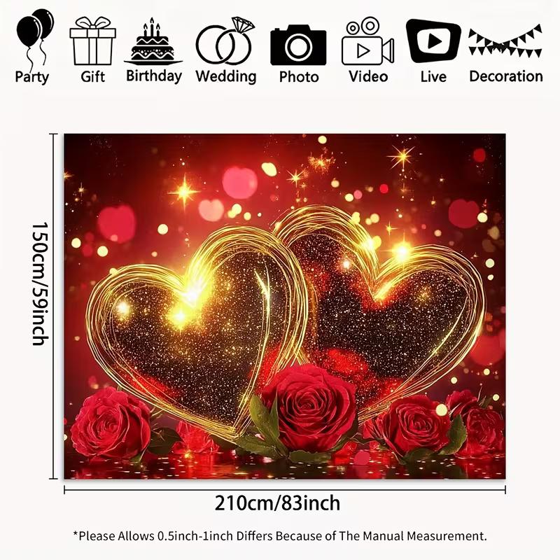 2D Anniversary Backdrop Red Rose and Golden Hearts Romantic Background