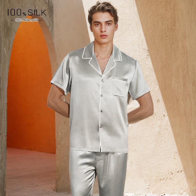 Men s 19 Momme Silk Pajamas: Short Sleeve  Long Pants Set - 100% Mulberry Silk for Indoor  Outdoor Wear XL чирковый