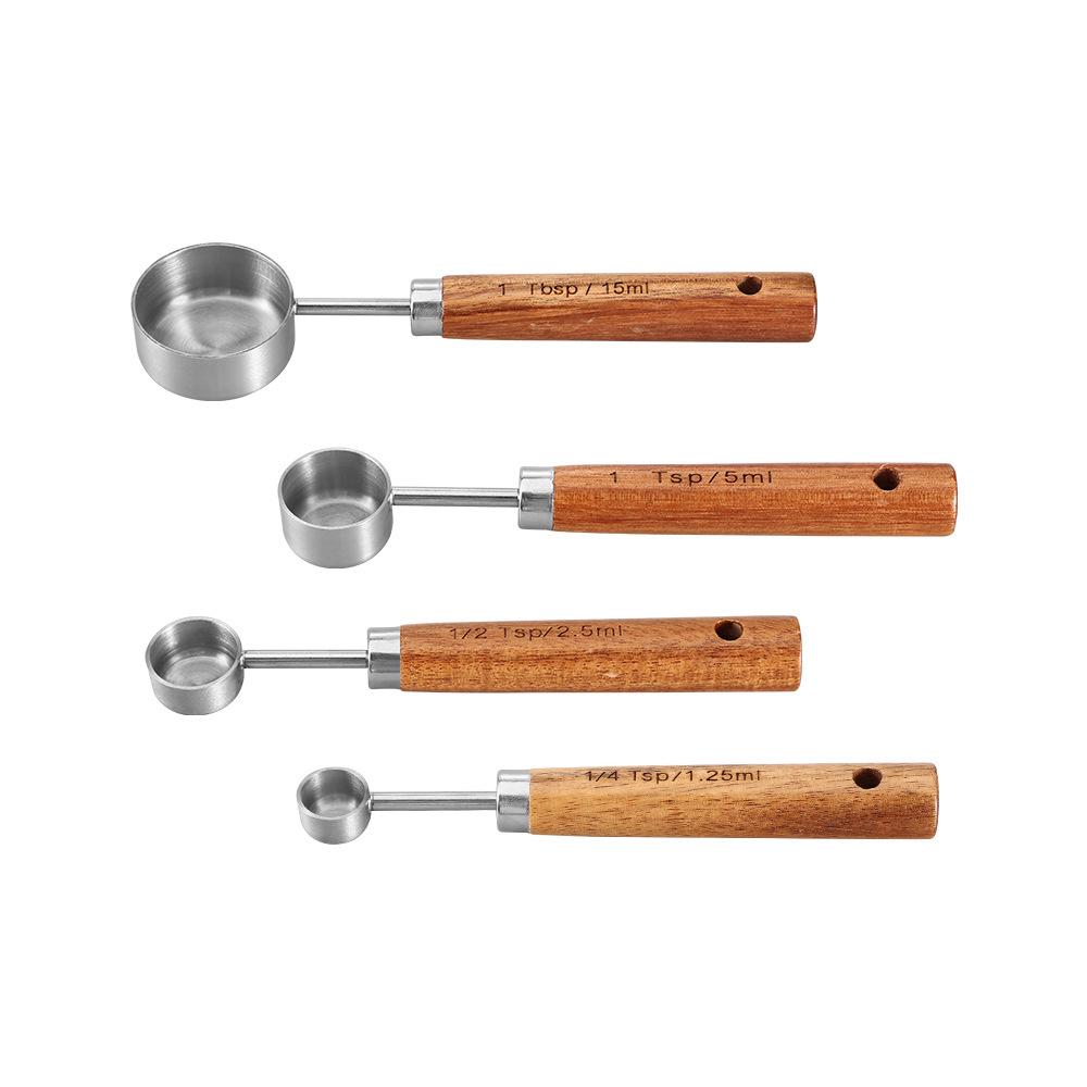 8-Piece Stainless Steel Measuring Cup & Spoon Set with Titanium Gold & Wooden Handles