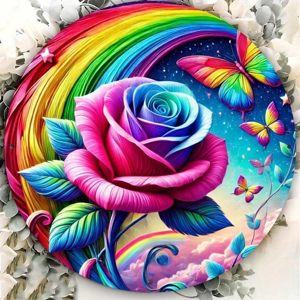 Vintage Metal Wall Art Rainbow Rose Butterfly Decor Weather Resistant Outdoor Patio Garden