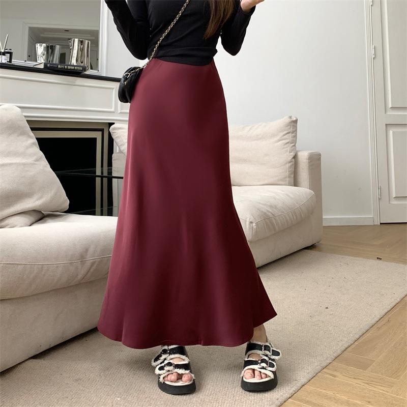 

Женская однотонная атласная юбка с высокой талией, однотонная, средней длины, в корейском стиле XL винный