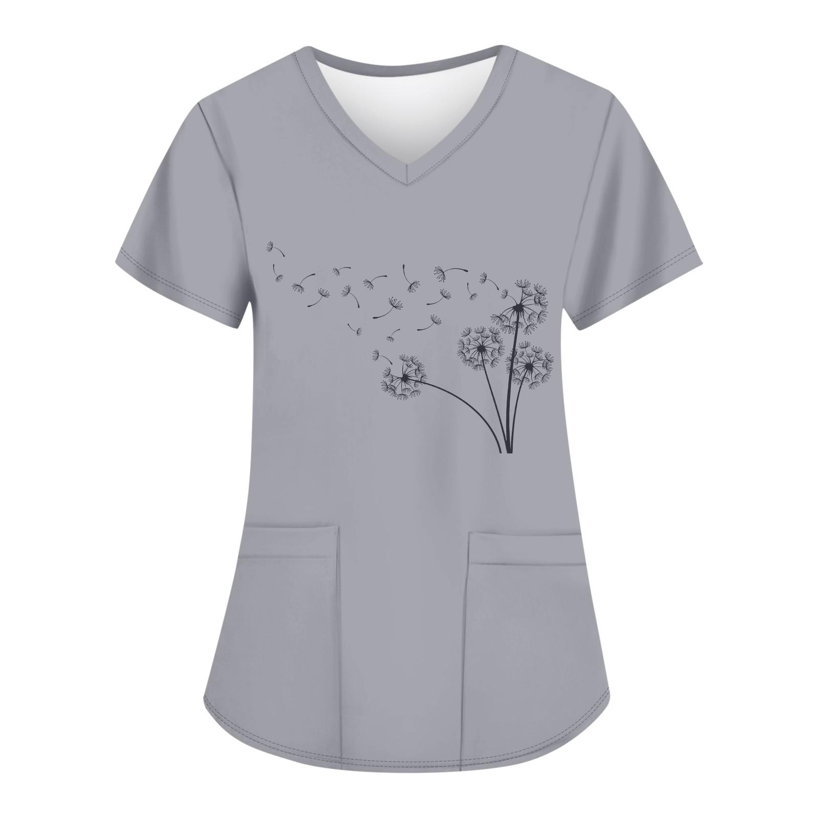 

Жіночі модні робочі футболки з принтом і V-подібним вирізом з короткими рукавами та кишенями M