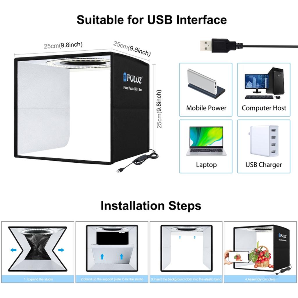 PULUZ 250mm Portable Folding Photography Light Box Ring Light Board 3 Light Modes 10 Brightness Levels USB Cable Control
