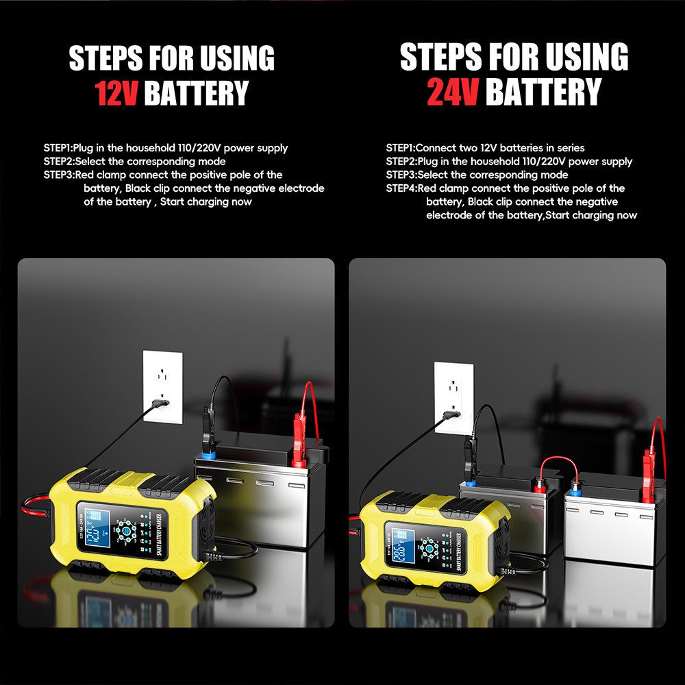 12V/10A 24V/5A Smart Charger for Iron Lithium, GEL, Lead-Acid, AGM, LiFePo4 Motorcycle and Car Batteries.