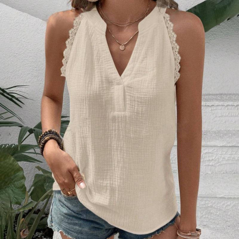 Women Halter Neck Tank Top Lace Trim V Neck Sleeveless Summer Boho Casual Solid Color Beach Top