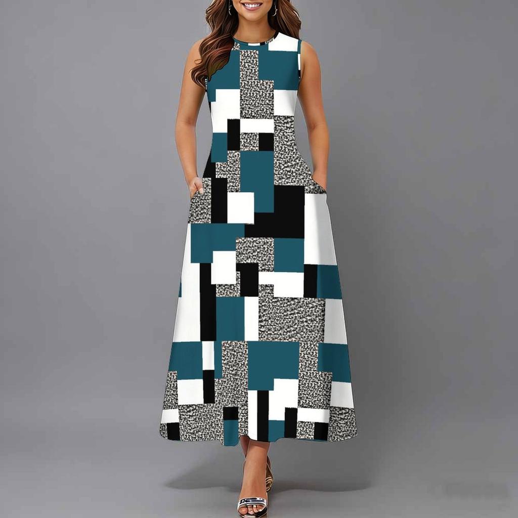 Oversized Ladies Sleeveless Crew Neck Dress Graceful Scattered Floral Loose Calf Length Gown