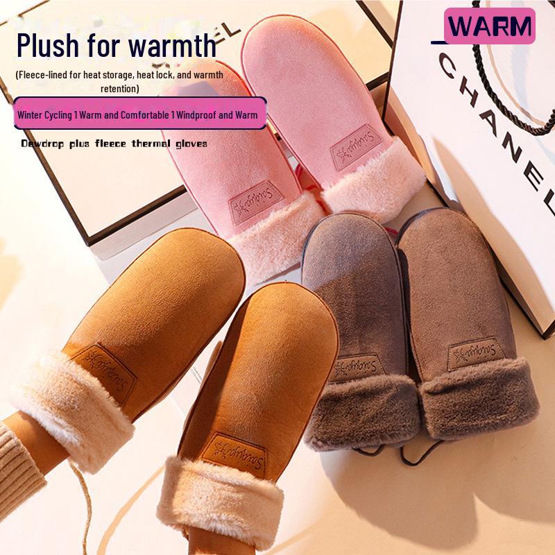 Women's Suede Winter Gloves, Warm and Windproof with Velvet and Hanging Neck Design.