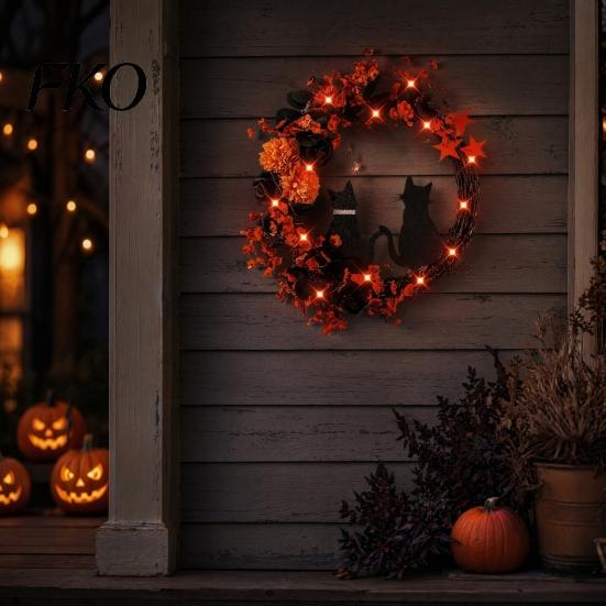 Orange Warm Light Halloween Decor Floral Garland, with String Lights, Black Cat Silhouette Nighttime Glowing Wreath Wreath, for Front Door