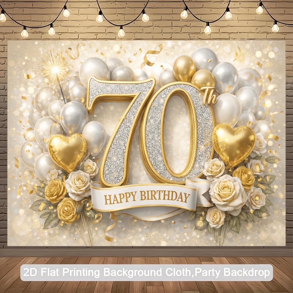 2D plane 70th birthday party banner background. Theme for 70th birthday, with sparkly gold border and the number 70.