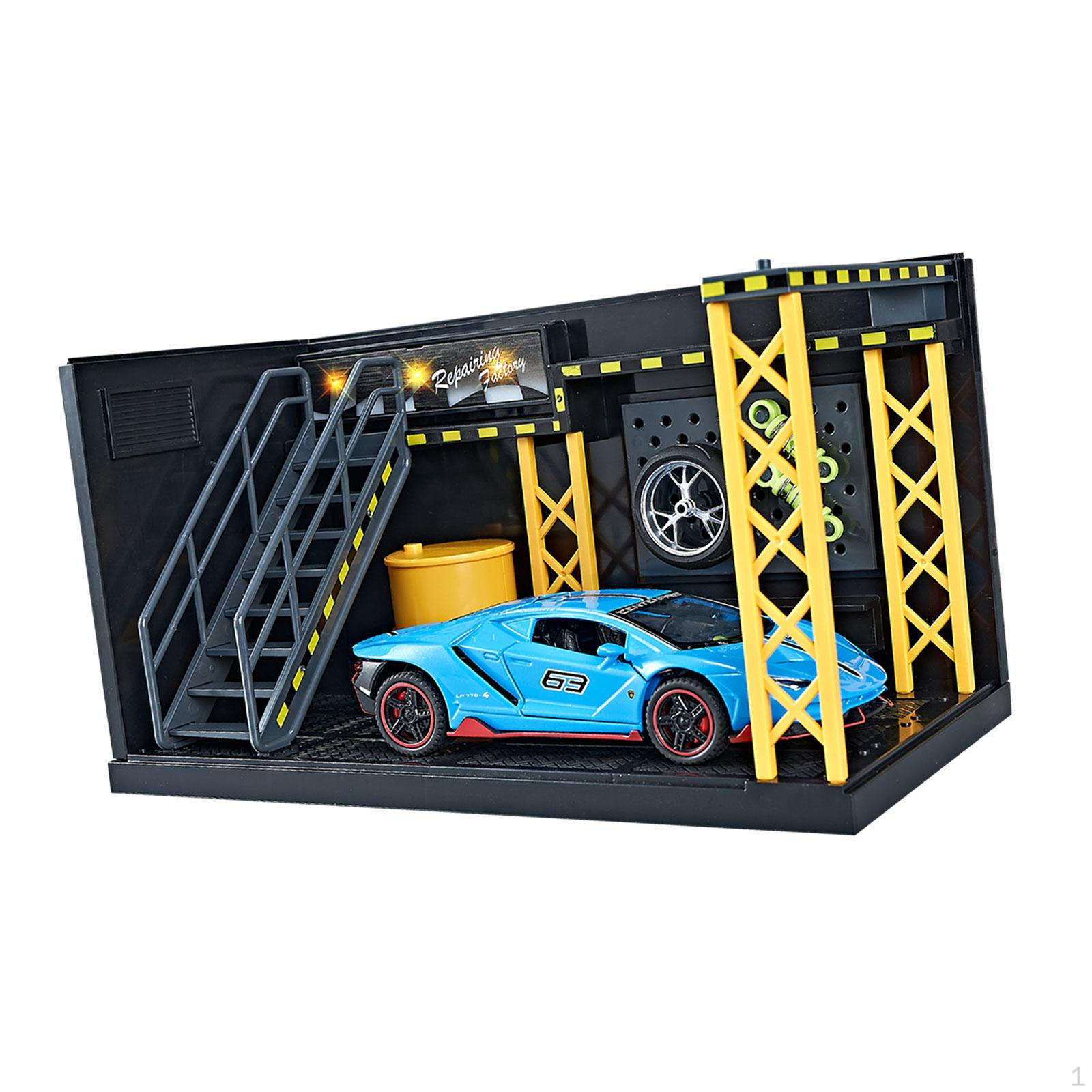 

1/32 Repair Shop Garage Diecast Cars Parking Lot Layout Desktop Decor Collections Scene Showcase blue car