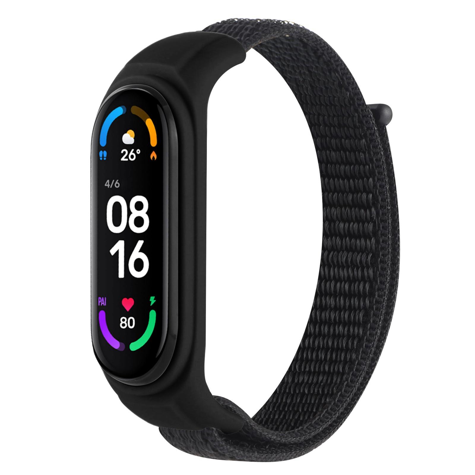 

For Xiaomi Mi Band 3/Band 4/Band 5/Band 6/Band 7 Nylon Sport Band Adjustable Anti-lost Bracelet with Silicone Watch Case Black